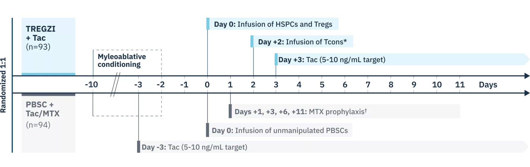 Schematic showing the Precision-T study design. Patients were randomized 1:1 to receive either TREGZI + Tac (n=93) or PBSC + Tac/MTX (n=94). At Days -10 through -2, both arms received myeloablative conditioning. TREGZI arm treatment regimen: Day 0, infusion of HSPCs and Tregs; Day +2 or Day +3, Infusion of Tcons; Day +3 Tac (5-10 ng/mL target). PBSC + Tac/MTX treatment regimen: Day -3, Tac (5-10 ng/mL target); Day 0, infusion of unmanipulated PBSCs; Days +1, +3, +6, +11, MTX prophylaxis.